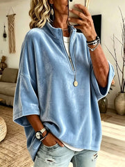 Damen Oversize Samt-Pullover mit kurzem Reißverschluss und Stehkragen Nord Taschen – Himmelblau