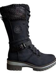 Damen nan gefütterte Schnürstiefel mit gestricktem Schaftbund, dekorativem Schnallenriemen und profilierter Gummisohle Drune – Schwarz