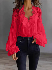 Damen Bluse Mit Langen Puffärmeln Und Spitze – Elegantes Vintage Oberteil – Rot