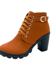 Damen nan elegante Schnür-Stiefelette mit mittlerem Blockabsatz, profilierter Gummilaufsohle und dekorativer Metallschnalle Drune – Braun