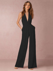 Damen Jumpsuit mit Tiefer V-Ausschnitt – Eleganter Ärmelloser Overall mit Weitem Bein – Schwarz