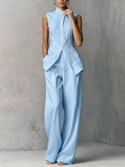 Damen Ärmelloser Leinen-Jumpsuit mit Stehkragen und weitem Bein Nord Taschen – Himmelblau