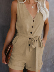 Damen Ärmelloser Knopf Playsuit – Sommer Jumpsuit Mit Gürtel – Khaki