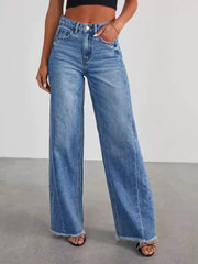 Damen Hochbund-Jeans mit weitem Bein und ausgefranstem Saum Nord Taschen – Hellblau