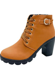 Damen nan elegante Schnür-Stiefelette mit mittlerem Blockabsatz, profilierter Gummilaufsohle und dekorativer Metallschnalle Drune – Khaki