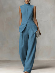 Damen Ärmelloser Leinen-Jumpsuit mit Stehkragen und weitem Bein Nord Taschen – Pfauenblau