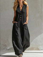 Damen Ärmelloser V-Ausschnitt Jumpsuit – Weites Bein Mit Taschen – Schwarz