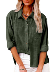 Damen nan oversized Leinen-Baumwollmix Hemdbluse mit Brusttasche und krempelbaren Ärmeln Drune – Militärgrün