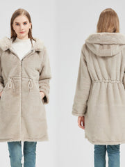 Damen langer Parka mit abnehmbarer Kapuze und taillenverstellbarem Kordelzug – Beigegrau