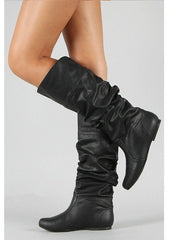 Damen nan lässige kniehohe Slouch-Stiefel mit flexiblem Schaft und flachem Absatz Drune – Schwarz