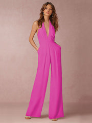 Damen Jumpsuit mit Tiefer V-Ausschnitt – Eleganter Ärmelloser Overall mit Weitem Bein – Pflaumenrot