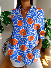 Damen Geblümte Bluse Mit Knopfleiste – Blau