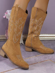 Damen nan Kniestiefel im Westernstil mit mittelhohem Blockabsatz seitlichem Reißverschluss und gesticktem Wildlederfinish Drune – Braun