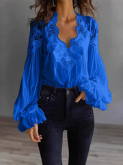 Damen Bluse Mit Langen Puffärmeln Und Spitze – Elegantes Vintage Oberteil – Blau