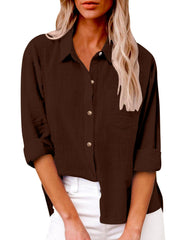 Damen nan oversized Leinen-Baumwollmix Hemdbluse mit Brusttasche und krempelbaren Ärmeln Drune – Dunkelbraun