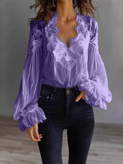 Damen Bluse Mit Langen Puffärmeln Und Spitze – Elegantes Vintage Oberteil – Lila