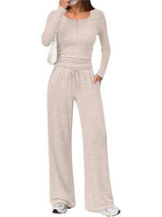 Damen Zweiteiliges Feinstrick-Lounge-Set mit Henley-Top und Palazzo-Hose Nord Taschen – Apricot