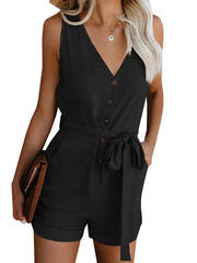Damen Ärmelloser Knopf Playsuit – Sommer Jumpsuit Mit Gürtel – Schwarz