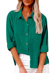 Damen nan oversized Leinen-Baumwollmix Hemdbluse mit Brusttasche und krempelbaren Ärmeln Drune – Tinten-Grün