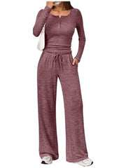 Damen Zweiteiliges Feinstrick-Lounge-Set mit Henley-Top und Palazzo-Hose Nord Taschen – Karminrot