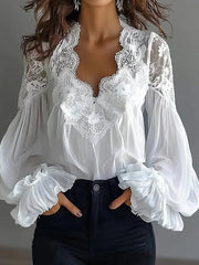 Damen Bluse Mit Langen Puffärmeln Und Spitze – Elegantes Vintage Oberteil – Weiß