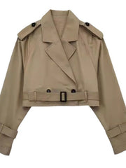 Damen Gekürzte Trenchjacke mit Taillengürtel, Schulterklappen und verstellbaren Ärmelriemen Nord Taschen – Dunkelbraun
