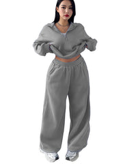 Damen Cropped Oversize-Sweatshirt mit halbem Reißverschluss und weite High-Waist Jogginghose Set Nord Taschen – Hellgrau – Versand am selben Tag