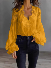 Damen Bluse Mit Langen Puffärmeln Und Spitze – Elegantes Vintage Oberteil – Gelb