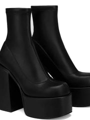 Damen nan Plateau-Stiefelette mit hohem Blockabsatz, nahtlosem Stretchschaft und robuster Laufsohle Drune – Schwarz