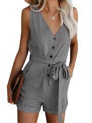 Damen Ärmelloser Knopf Playsuit – Sommer Jumpsuit Mit Gürtel – Grau