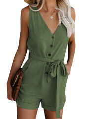 Damen Ärmelloser Knopf Playsuit – Sommer Jumpsuit Mit Gürtel – Olivgrün