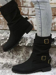Damen nan lässiger mittlerer Schaftstiefel mit weichem Slouch-Effekt, dekorativen Schnallenriemen und robustem Blockabsatz Drune – Schwarz