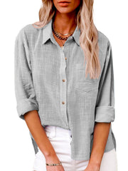 Damen nan oversized Leinen-Baumwollmix Hemdbluse mit Brusttasche und krempelbaren Ärmeln Drune – Grau