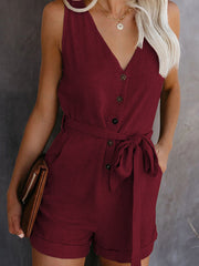 Damen Ärmelloser Knopf Playsuit – Sommer Jumpsuit Mit Gürtel – Rot