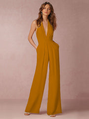Damen Jumpsuit mit Tiefer V-Ausschnitt – Eleganter Ärmelloser Overall mit Weitem Bein – Gelb-Orange