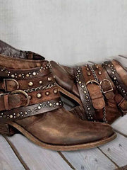 Damen Western Stiefeletten mit Schnallenriemen und Ketten – Braun