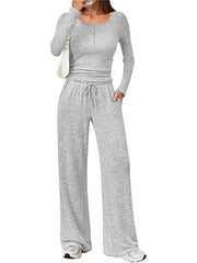 Damen Zweiteiliges Feinstrick-Lounge-Set mit Henley-Top und Palazzo-Hose Nord Taschen – Hellgrau