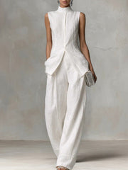 Damen Ärmelloser Leinen-Jumpsuit mit Stehkragen und weitem Bein Nord Taschen – Weiß