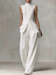 Damen Ärmelloser Leinen-Jumpsuit mit Stehkragen und weitem Bein Nord Taschen – Maximalgröße 320g