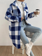 Damen Langmantel mit Karomuster und Taschen – Blau-Weiße Karos