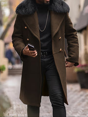 Herren Doppelreihiger Wollübermantel mit voluminösem Schafsfellkragen und goldenen Zierknöpfen Nord Taschen – Braun