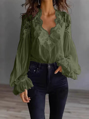 Damen Bluse Mit Langen Puffärmeln Und Spitze – Elegantes Vintage Oberteil – Olivgrün
