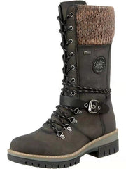 Damen nan hoher Schnürstiefel mit Strickbündchen, robuster Profilsohle und seitlichem Reißverschluss Drune – Tannengrün