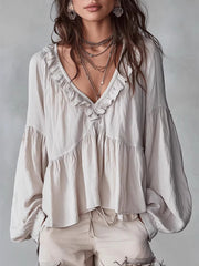 Damen Fließendes Oberteil Mit Raffungen Und V-Ausschnitt – Locker Elegante Bluse – Milchweiß