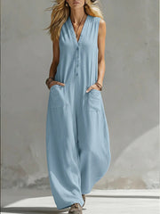 Damen Ärmelloser V-Ausschnitt Jumpsuit – Weites Bein Mit Taschen – Himmelblau