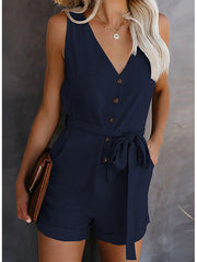 Damen Ärmelloser Knopf Playsuit – Sommer Jumpsuit Mit Gürtel – Dunkelblau