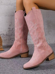 Damen nan Kniestiefel im Westernstil mit mittelhohem Blockabsatz seitlichem Reißverschluss und gesticktem Wildlederfinish Drune – Rosa