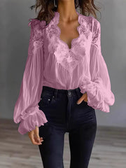 Damen Bluse Mit Langen Puffärmeln Und Spitze – Elegantes Vintage Oberteil – Rosa