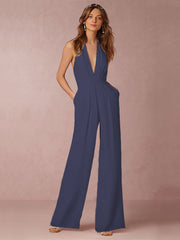 Damen Jumpsuit mit Tiefer V-Ausschnitt – Eleganter Ärmelloser Overall mit Weitem Bein – Marineblau