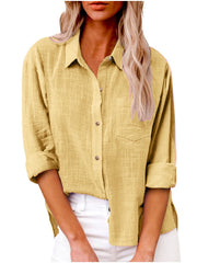 Damen nan oversized Leinen-Baumwollmix Hemdbluse mit Brusttasche und krempelbaren Ärmeln Drune – Ingwergelb